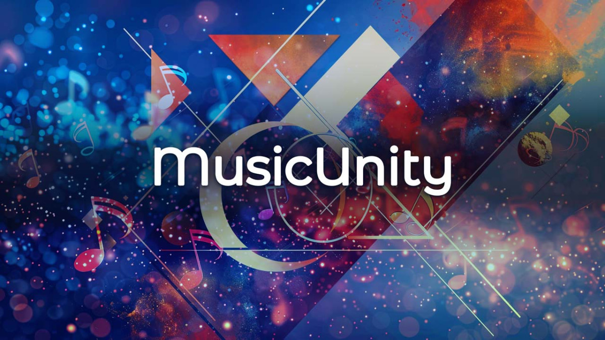 MusicUnity exhibition title graphic over a colorful abstract background of music notes and geometric shapes