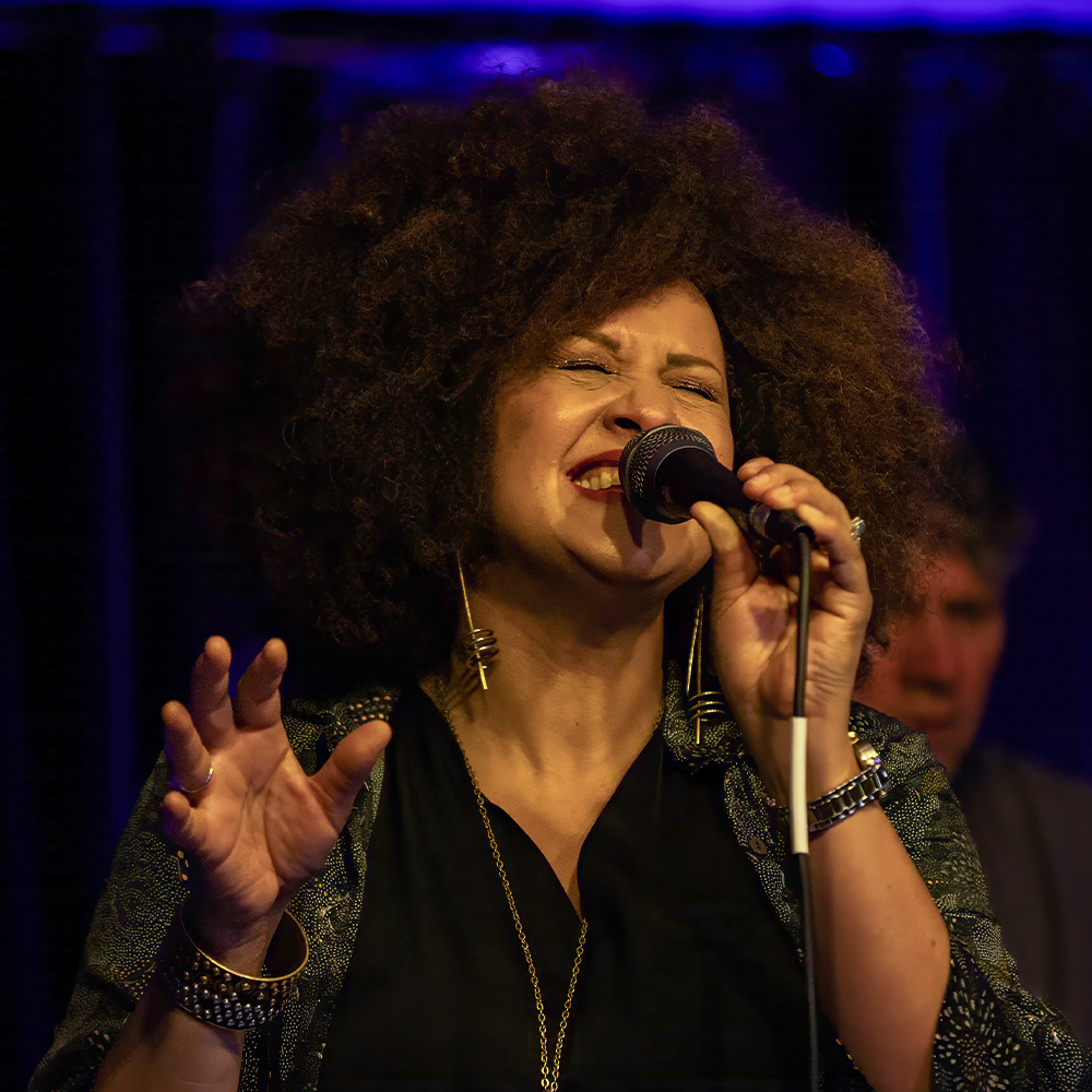 A vocalist singing into a microphone during a concert at the Museum of Making Music