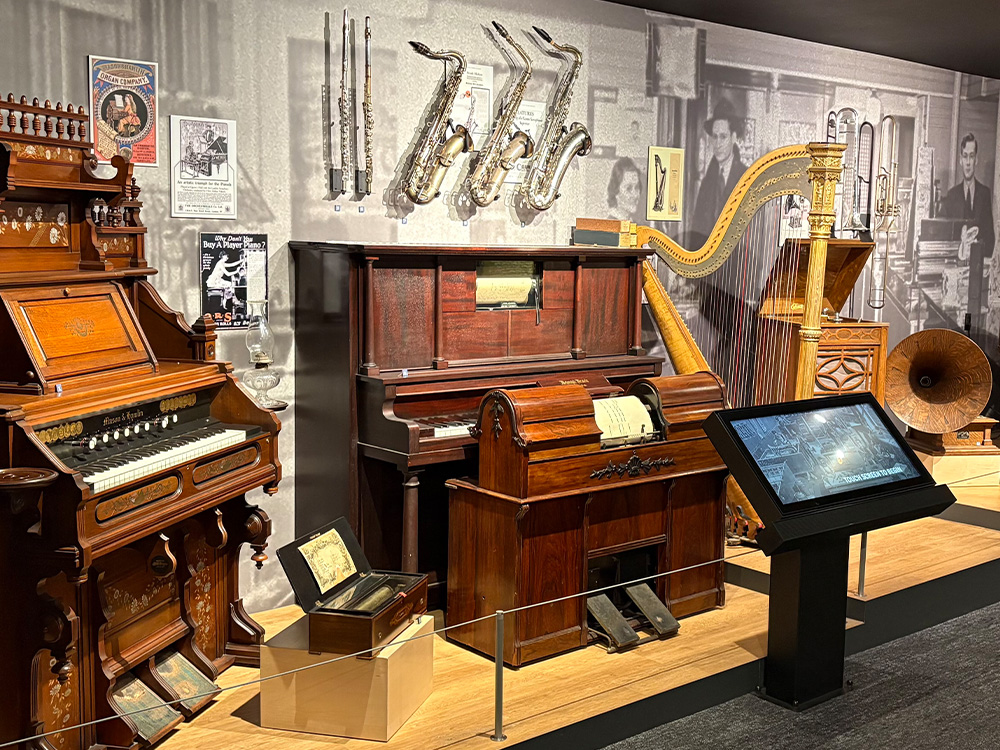 Vintage instruments on display at the Museum of Making Music, where visitors can donate an instrument to the collection