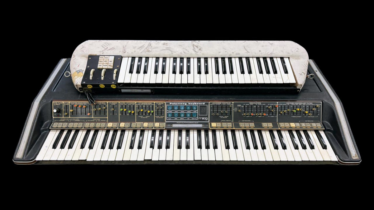 A picture of Gary Wright's Polymoog synthesizer on a black background