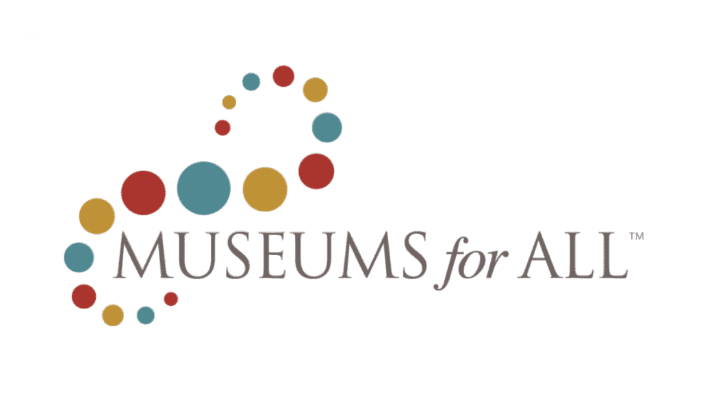 Museums for All logo with a circle of red, teal, and gold dots